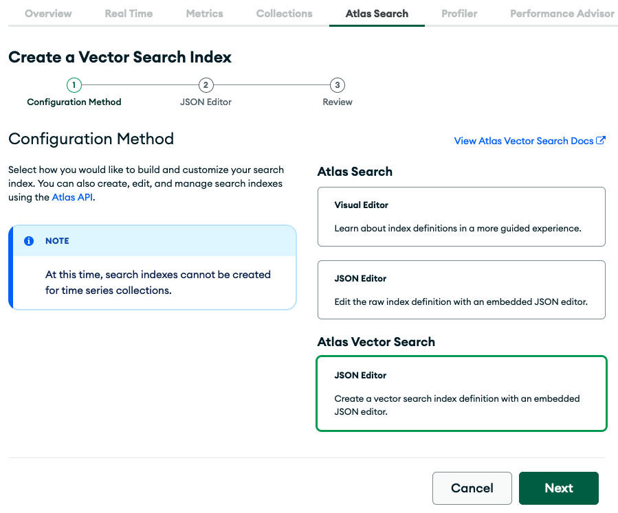 Screenshot of create Atlas Vector Search index