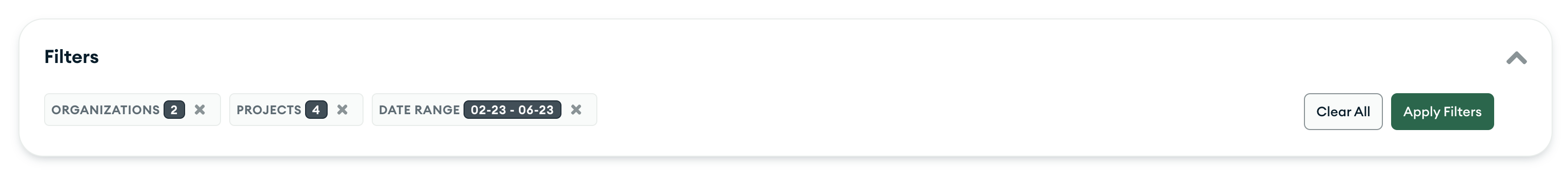 A collapsed filter box with options for organizations, projects, and start and end dates.