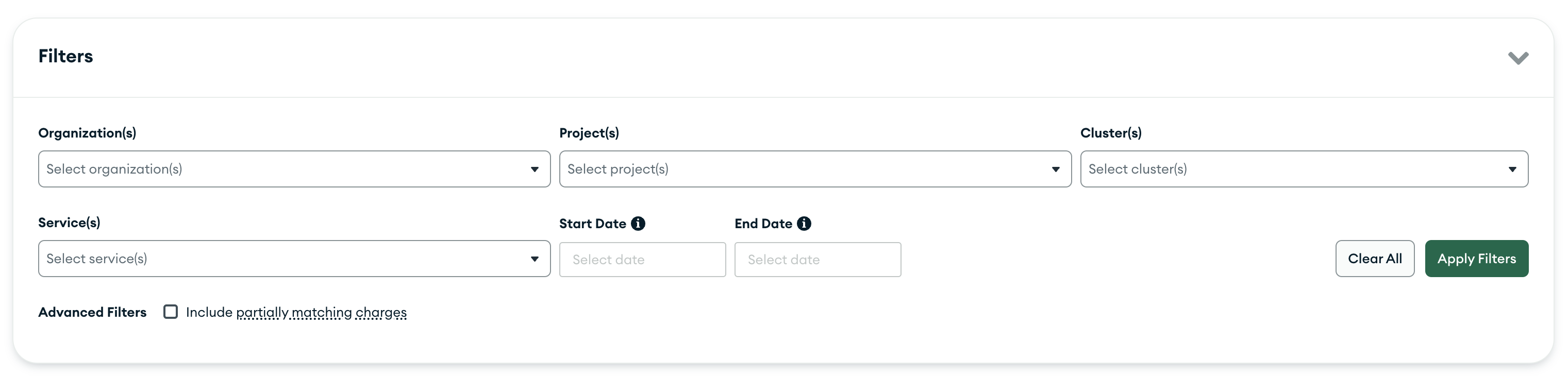 A filter box with options for organizations, projects, clusters, services, start and end dates, and support charges.