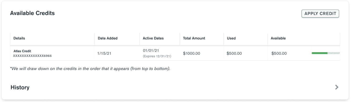 You can view your monthly commitment information in the Available Credits table.