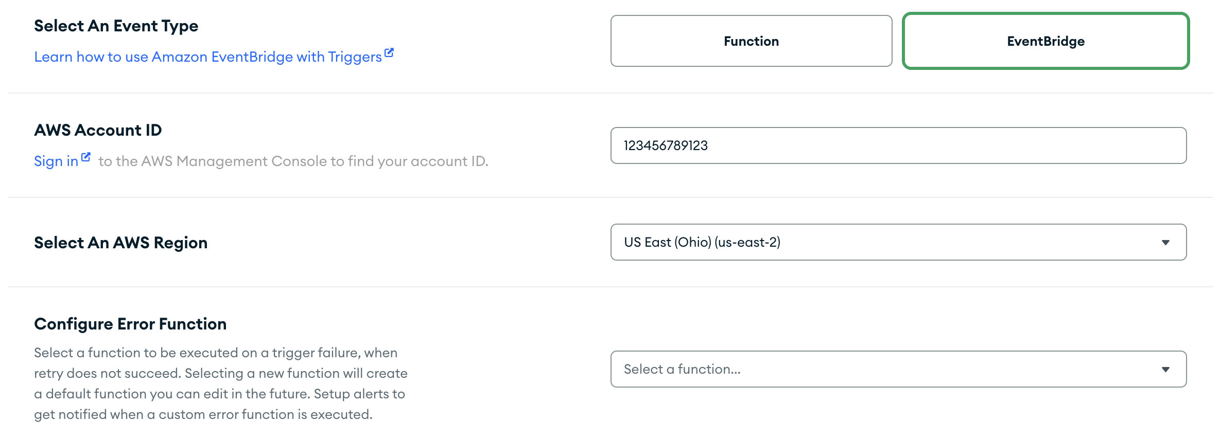 The EventBridge input boxes in the Trigger configuration.