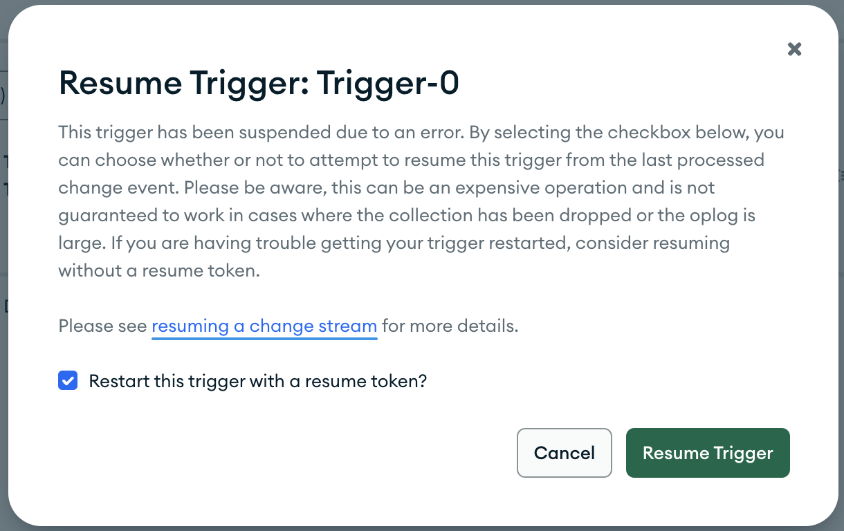 The resume database Trigger modal in the UI